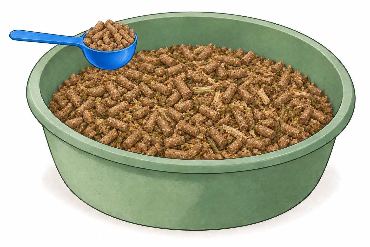 Illustration of dry feed and the same blue scoop heaped with pellets