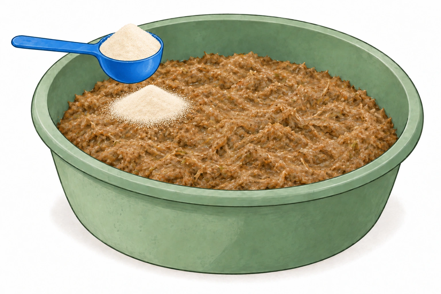 Illustration of soaked feed with pale powder and a blue scoop heaped with the same powder